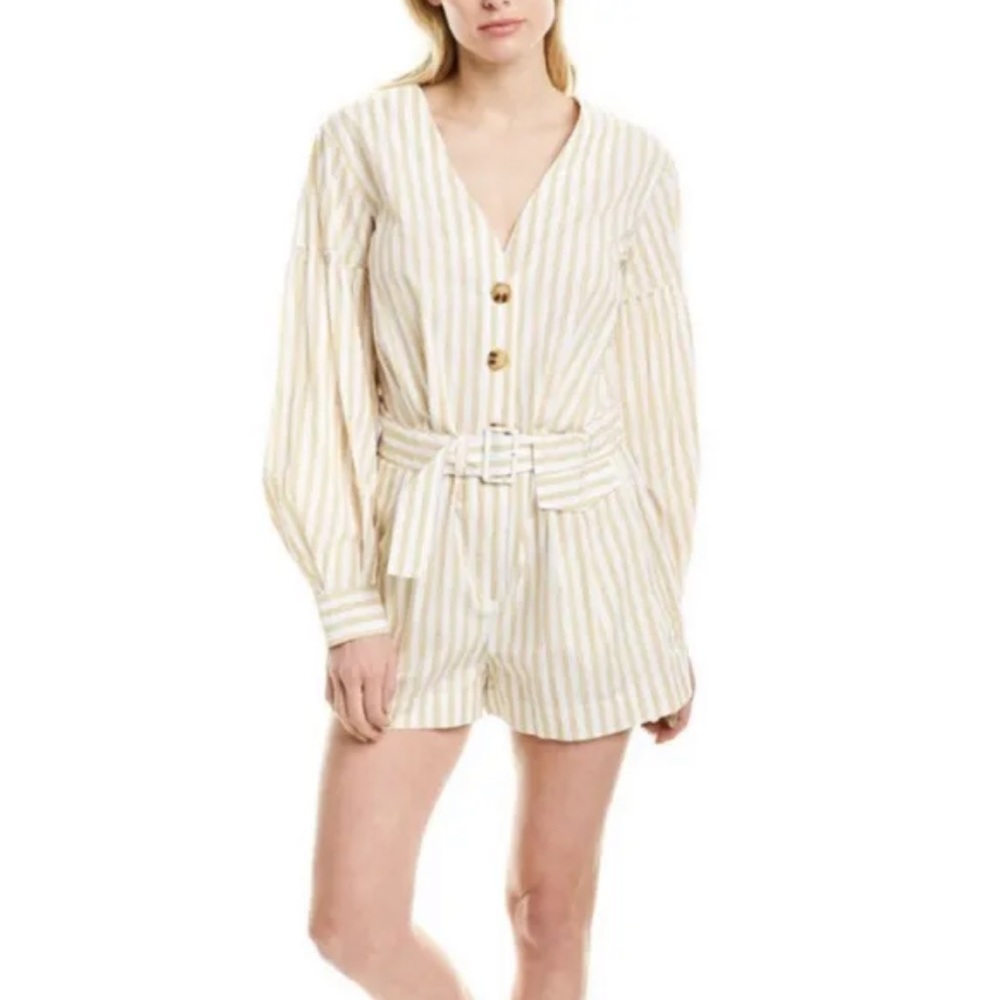 DEREK LAM 10 CROSBY Striped Belted Bell Sleeve Button Romper - EUC, Size…